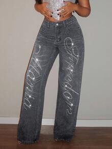 Jeanoix Women's Y2K Retro Rhinestone Embellished Straight Leg Jeans - Grey - View 5