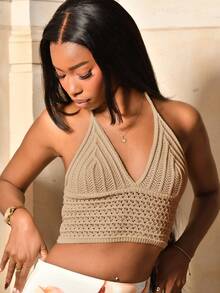 Mima John 领口收腰柔软针织上衣，适合海滩音乐节 - 杏色 - 查看 5