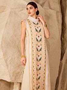 Al Najma 女士印花立领短袖优雅阿拉伯风格连衣裙 - 杏色 - 查看 2