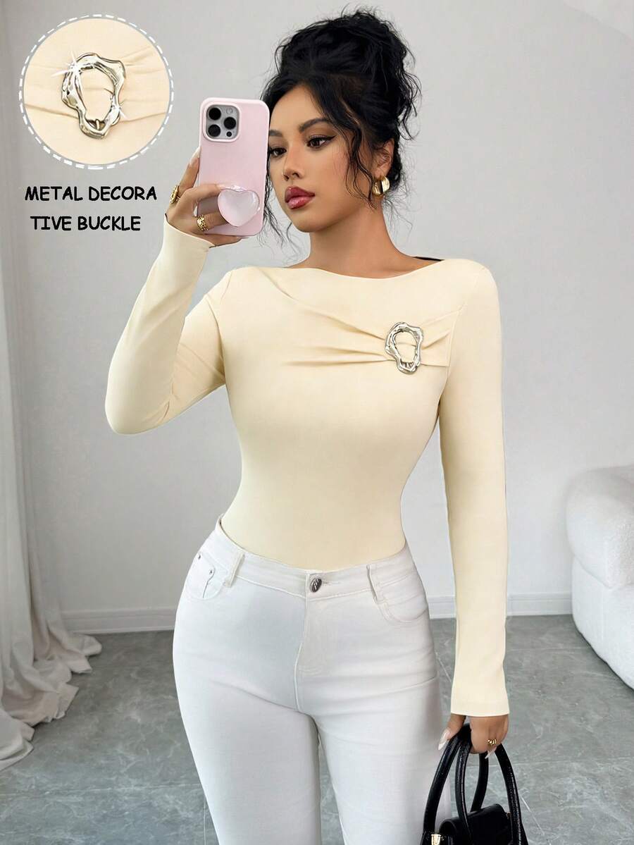 Elenzga T-shirt de mode ajusté à col rond, manches longues, avec décoration métallique, couleur unie pour femmes - Nude - Voir 1