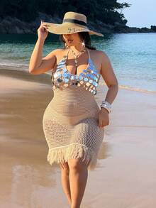 NU&NOW 女士性感优雅浪漫设计感高端舞厅年轻时尚海滩度假V领露背亮片流苏下摆修身镂空加大码毛衣连衣裙 - 卡其色 - 查看 3