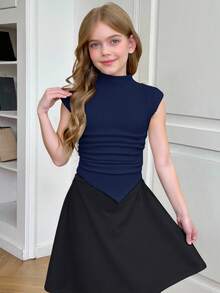 SHEIN Serisse Kids 少女休闲针织修身漏斗领褶皱不对称下摆短袖上衣，适合春夏返校季，可与妈妈亲子装搭配 - 藏蓝色 - 查看 6