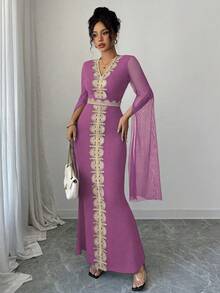 Rafferiza 女士优雅蕾丝拼接V领开衩修身鱼尾连衣裙 - 紫色 - 查看 5