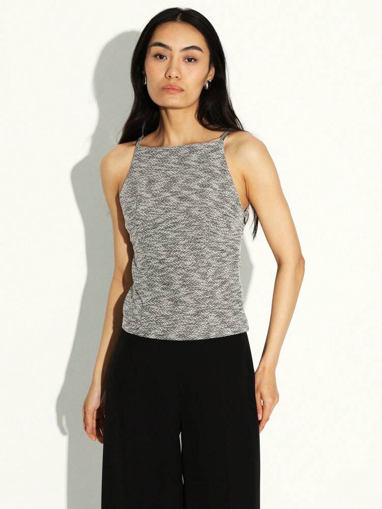 KSTM Camiseta de tirantes ajustada para mujer con cuello recto y textura gris jaspeada para uso casual diario