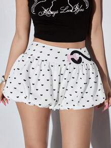 ROMWE Kawaii Heart Print Cat Tail Embroidery Bow Shorts - White - View 6