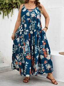 SHEIN CURVE+ 曲线尺码 US22 音乐节、海滨度假、波西米亚风印花吊带连衣裙，适合夏季海滩度假、沙滩罩衫、夏季服装，女士碎花连衣裙，碎花长裙，夏季吊带裙，波西米亚风碎花连衣裙，大码夏季连衣裙，波西米亚风长裙 - 藍色 - 查看 4