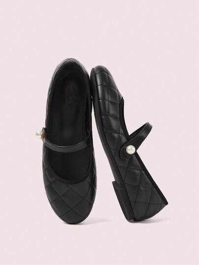 CUCCOO DOLLMOD Black Flat-Bottomed Commuter College Style Women's Fashion Simple Rhombus Pattern Single Shoes Women's One-Pedal Versatile Ballet Shoes Mary Jane