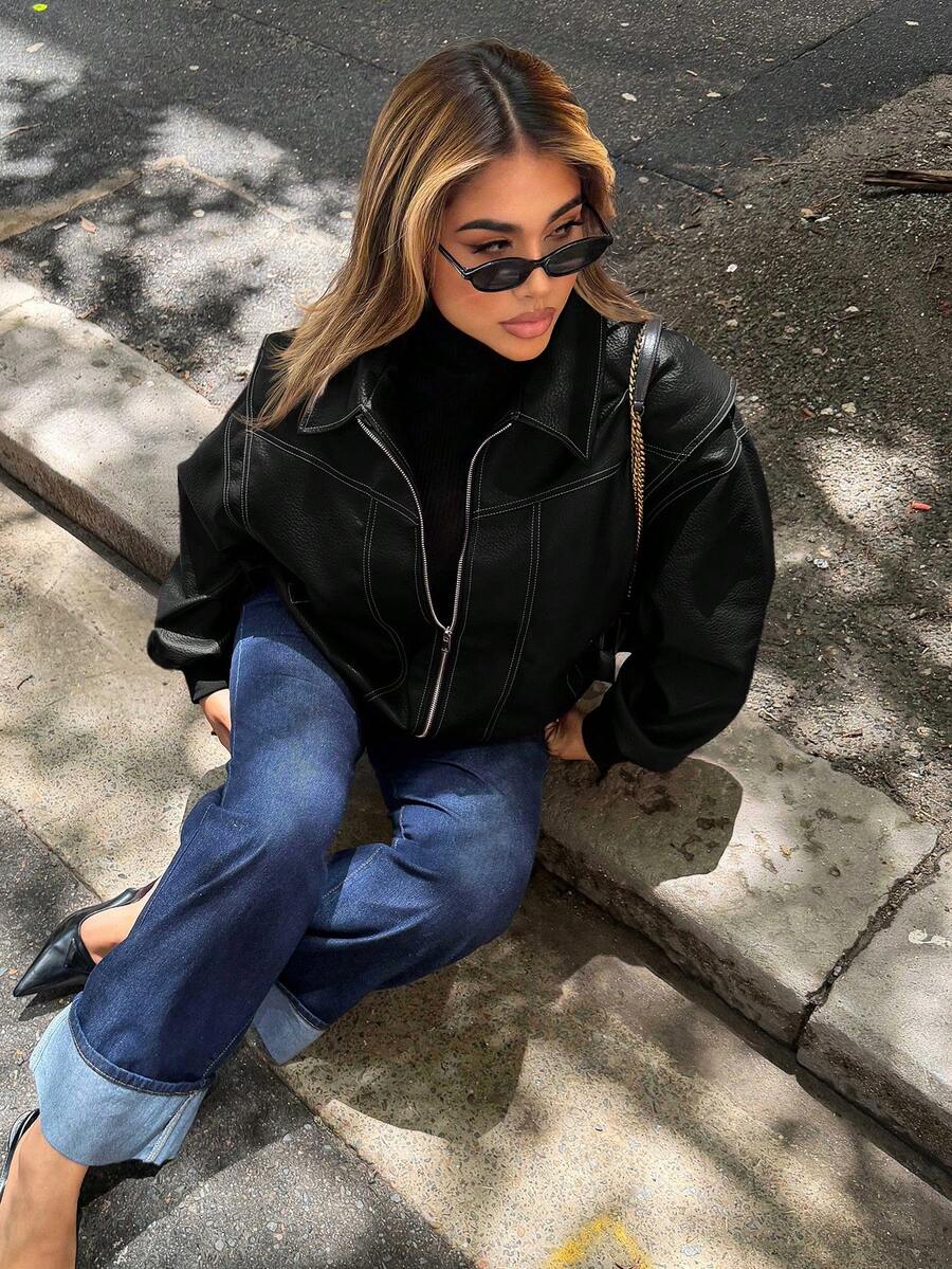 Maria Perezxox 女式纯色长袖拉链休闲宽松 PU 皮夹克,秋季 - 黑色 - 查看 1