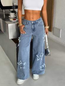 SHEIN PETITE 女士时尚休闲水洗星形贴片阔腿牛仔裤 - 淺色水洗藍 - 查看 5