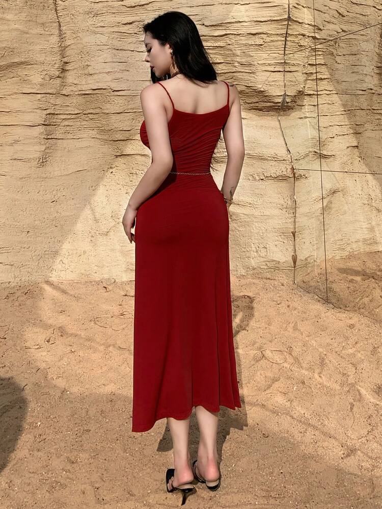 Women's Elegant Solid Color Spaghetti Strap Waist Tie Mid-Length Dress, Summer,Wedding Guest Dress Women Maxi Dress Sundress