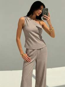Aloruh Women's Beaded Decor Shoulder Top + Wide Leg Pants Commuter Set,Work Outfits For Women - Khaki - View 7