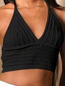 Mima John 女式針織上衣，採用綁頸和束腰設計，適合海灘音樂節 - 黑色 - 查看 4