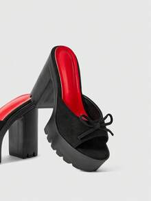ROMWE Giày sandal cao gót hở mũi thời trang nữ, kiểu punk gothic thanh lịch với nơ đen và đỏ gợi cảm, thiết kế dải đệm chân, đế dày, gót dày, thích hợp cho mùa xuân hè, tiệc tùng, lễ hội. - màu đen - Xem 4