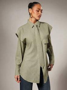 Hauture Camisa a rayas con hombros exagerados y nudo delantero - Multicolor - Ver 3