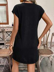 EMERY ROSE Women's Solid Color V-Neck Short Sleeve Casual Dress - Black - View 2