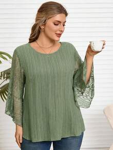 Rosumi Blusa elegante de talla grande para mujer con parches de encaje en unicolor - Verde - Ver 4