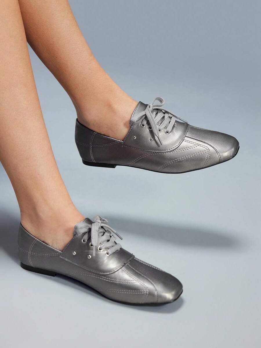 CUCCOO GRLICON Giày lười nữ đế bằng buộc dây trang trí, đa năng, kiểu dáng thường ngày. - Màu xám đen - Xem 1