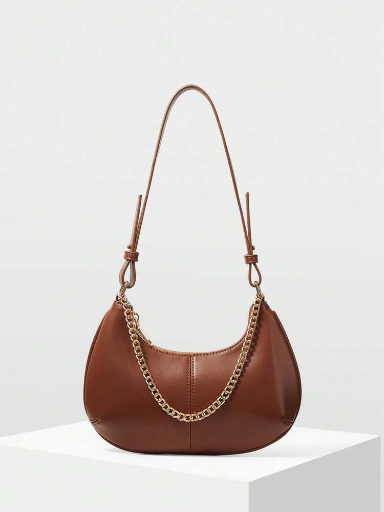 Borsa a spalla da donna in stile retrò marrone, con decorazione raffinata a catena