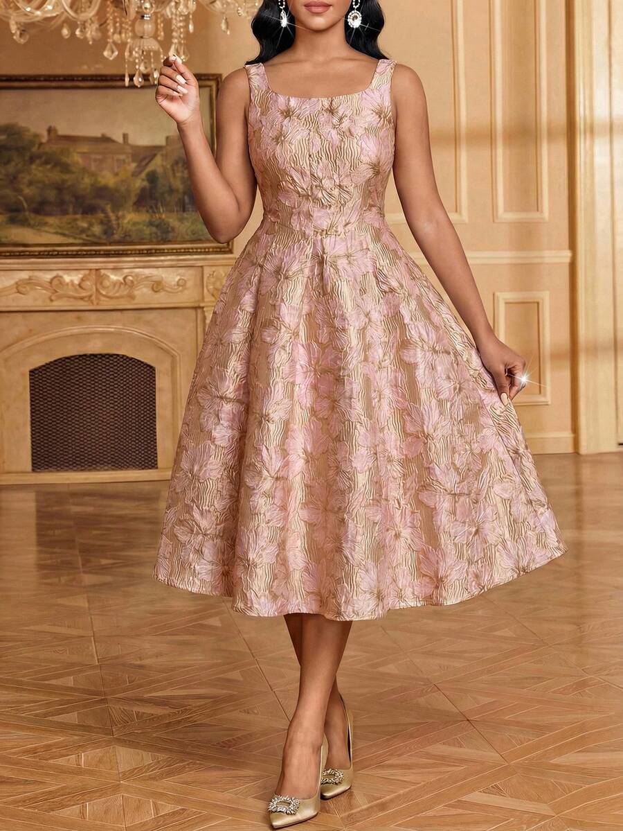 SHEIN Lady 女士花卉提花方领无袖中长连衣裙 - 彩色 - 查看 1