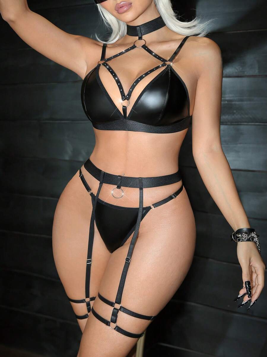 3pcs Shiny Leather Underwire Halter Sexy Lingerie Set For Women - Black - View 1