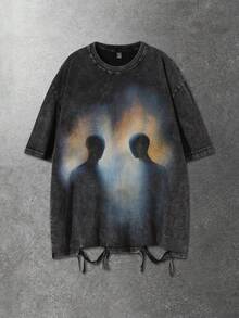 ROMWE MEN 男士圆领做旧设计人形印花休闲百搭日常短袖T恤 - 黑色 - 查看 3