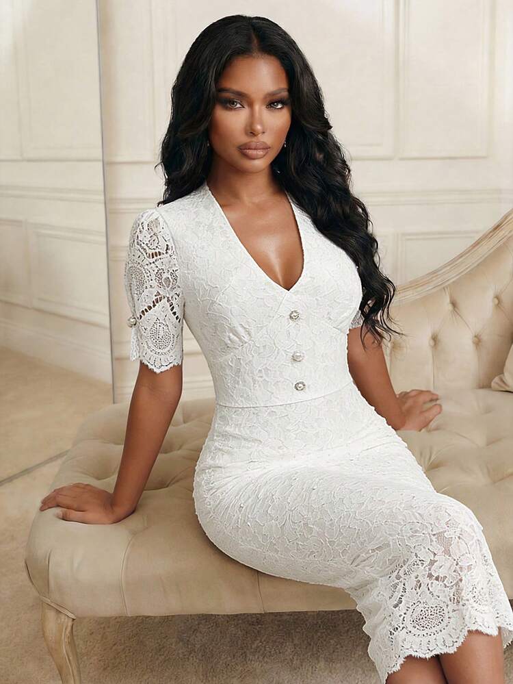 White Lace Mini Dress, Elegant Party Dress, Sexy Short Dress Elegant White Dress White Lace V Neck Dress