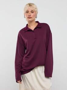 COUREZ Long Sleeve Oversized Rugby Polo Shirt/ Y2K Tops  Spring Clothes For Women Spring Top Going Out Outfits Women Cute Tops Casual Outfits - Burgundy - View 2