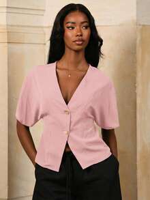Mima John Kemeja Minimalis Warna Polos Kancing Ganda Lengan Kelelawar Elegan Warna Pink - Berwarna merah muda - View 5