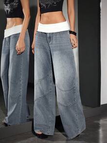 SHEIN PETITE Women's Casual Washed Color Block Waist Wide Leg Jeans - Blue - View 4