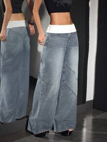 SHEIN PETITE Women's Casual Washed Color Block Waist Wide Leg Jeans - Blue - View 6