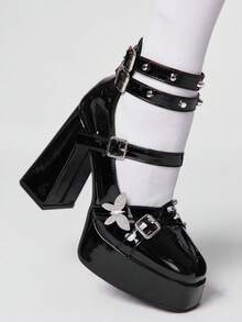 ROMWE 2026 New Fashion Spring/Autumn Punk Style Dark PU Round Toe Thick Heel Sandals, Women Super High Heel Waterproof Platform Rivet Criss-Cross Strap Butterfly Buckle One-Strap Dress Shoes, Thick Sole Rebellious Subculture Pumps - Black - View 3