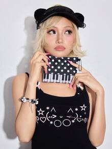 ROMWE Kawaii Bolso de tote plegable de gran capacidad con estampado de corazones y notas musicales de moda, bolso de compras portátil con monedero - Llaves lunares notas musicales alas - Ver 4
