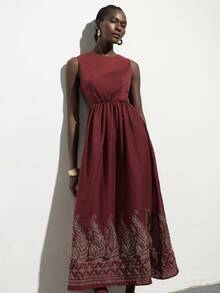 Aveloria Modichic Burgundy & Brick Red Gold 3D Floral & Vine Geometric Retro Embroidered Waist Hollow Out Round Neck Women's Dress, Vacation Casual Versatile Bohemian - Multicolor - View 8