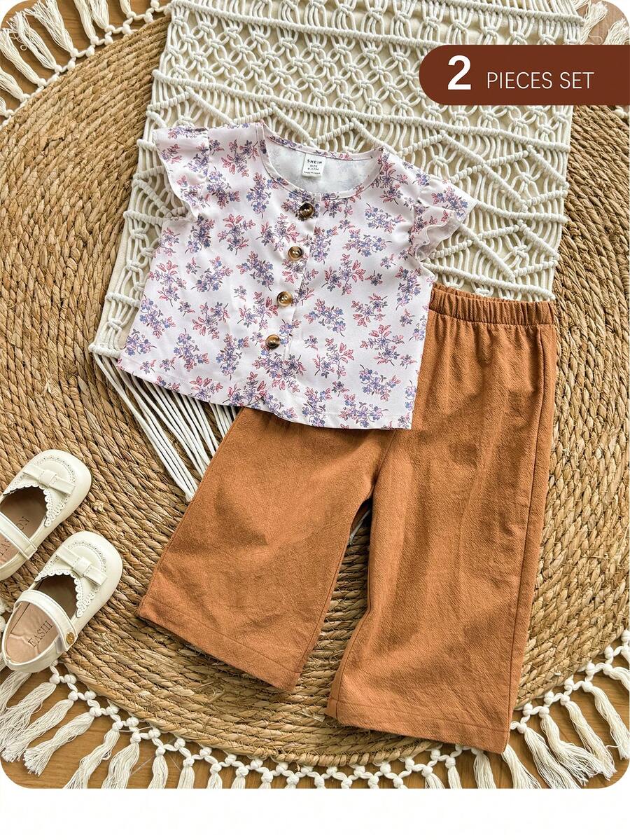 SHEIN Baby Girl Vacation Casual Ditsy Floral Tank Top And Pants Set - Brown - View 1