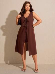 Elaquor Blusa feminina plus size de cor sólida, longa, sem mangas, com amarração frontal, marrom, ideal para férias em resorts. Conjunto de top e shorts marrom para praia, perfeito para quem busca um look de verão. - Castanho Café - Ver 7
