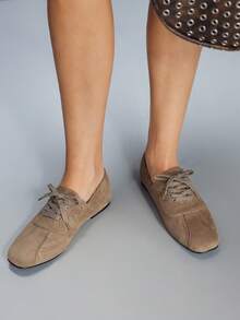 CUCCOO GRLICON 女士方头系带休闲平底乐福鞋 - 卡其色 - 查看 4