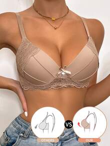 DesireSculpt Women's Comfortable Solid Flower Lace Scallop Trim Border Bow Tie Ornament Sexy Basic Spaghetti Strap Wire-Supported Lift & Instantlift Bra Wedding Push Up Bra Double Padded Push Up Bra Sexy Push Up Bra Cute Push Up Bra - Mocha Brown - View 6