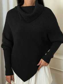 Ronhire 女式黑色不对称高领毛衣：秋季时尚针织衫 针织套衫 秋冬 - 黑色 - 查看 4