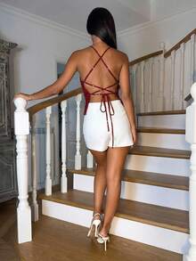 Ronhire Solid Pink Textured Jacquard Spaghetti Strap Women's Camisole Tank Top, Vacation Tank, Jacquard Tank Top, Spring/Summer - Burgundy - View 4