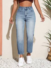 SHEIN MOD Quần jeans nữ cỡ lớn có túi và cúc, kiểu dáng thường ngày, đa năng, thích hợp mặc hàng ngày. - Màu xanh lam - Xem 1