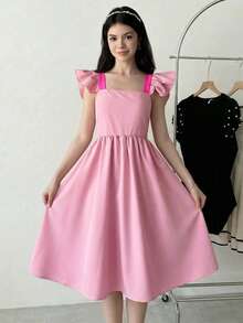 Teen Girl Elegant Round Neck Cap Sleeve Dress - Pink - View 10