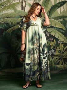Rosumi Women's Plus Size Light Green Tropical Print Casual Vacation Dress,Boho Floral Summer Beach Holiday Outfit,Spring Resort Wear Peplum Country Concert - Multicolor - View 9