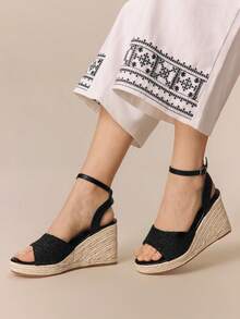 Styleloop Women's Casual Commute Vacation Versatile Solid Color Lace-Up Wedge Sandals, Suitable For Vacation Outfits And Vacation Outfits Travel Essentials Summer Shoes - Black - View 3