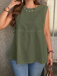 Rosumi Plus Size Women Solid Color Round Neck Side Tie Casual Loose Tank Top - Green - View 4