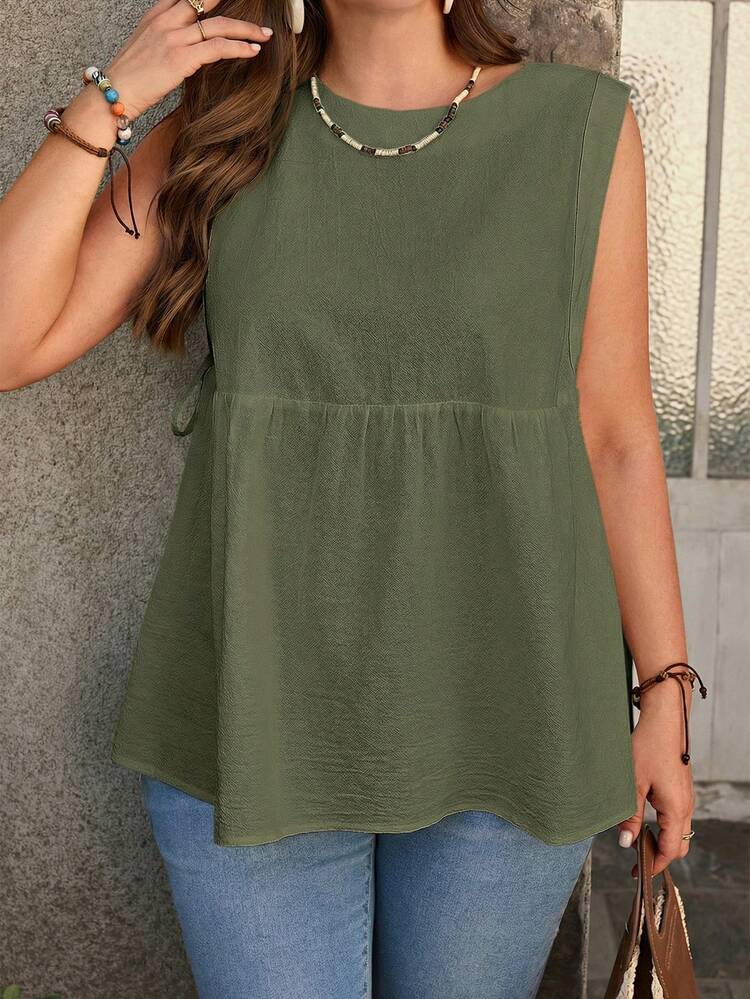 Plus Size Women Solid Color Round Neck Side Tie Casual Loose Tank Top