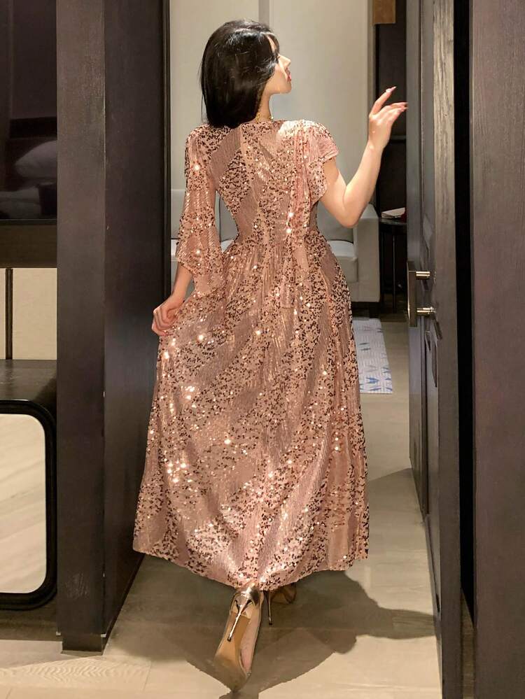 Women's Elegant V-Neck Sequin Ruffle Sleeve Mid-Length Dress, Summer,Wedding Guest Dress Women Sundress