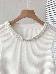 Franclia Nueva Camiseta sin mangas de punto con cuentas, blanca, para capas en primavera/verano - Blanco - Ver 8