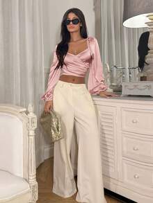 Ronhire Women's Solid Color Puff Sleeve Tie Back Cropped Casual Top - Pink - View 6