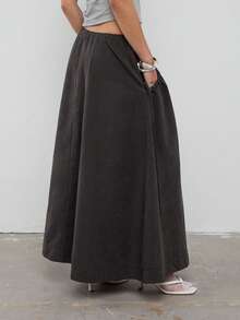 COUREZ Chân váy Maxi có túi rút bên hông bằng vải nylon màu đào - Màu xám đen - Xem 3