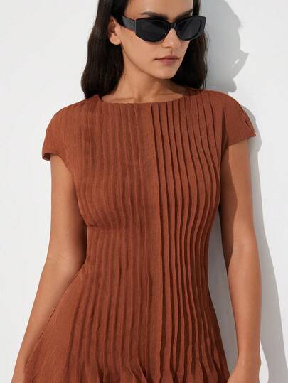 Aveloria Modichic Neues romantisches vintage französisches Teekleid, locker schmeichelhaftes retro elegantes plissiertes transparentes Design, lässiges einfarbiges vorne plissiertes A-Linien Langarm Puffärmel Rundhals Kleid